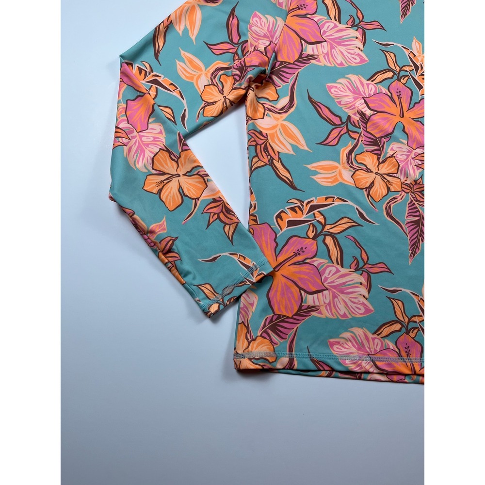 Roxy Womens Long Sleeve Rash Guard Teal Orange Pink Hibiscus Floral Swim Top M - Picture 5 of 12
